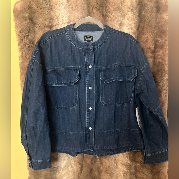 Scoop Jackets & Blazers - Women's Dark Blue Denim Jacket with Collarless Design